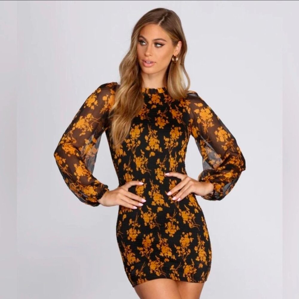 O.Vianca Fall Into Floral Mini Dress Small Rusched Smocked Sheer Sleeve Black